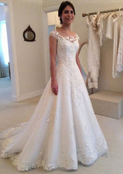 Bateau Cap Sleeve Illusion Court Lace Tulle A-line Wedding 