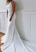 Bateau Sleeveless Mermaid Elastic Satin Wedding Dress, Fishtail