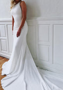 Свадебное платье из эластичного атласа без рукавов Bateau, рыбий хвост