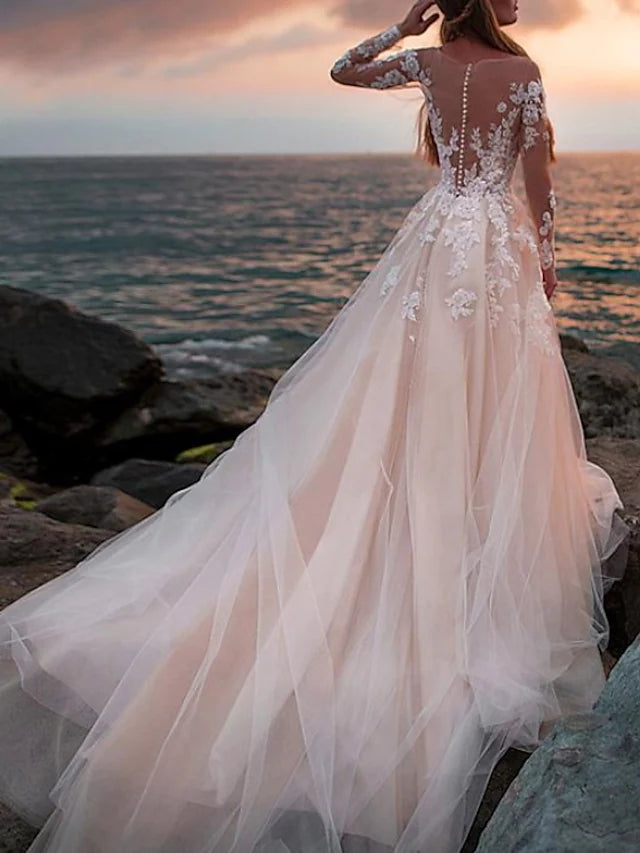 A linha vestido de casamento Ilusão manga comprida Bate Chapelau Floral Lace Vestido de noiva