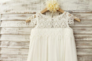 Boho Beach Lace Cap Sleeves Ivory Chiffon Flower Girl Dress
