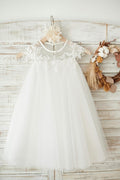 Vestido de niña de flores de boda de encaje de tul marfil con cuello transparente de playa boho