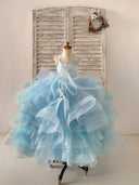 Vestido de niña de las flores de la boda de tul con volantes y tirantes de color azul claro de mariposa con cuentas