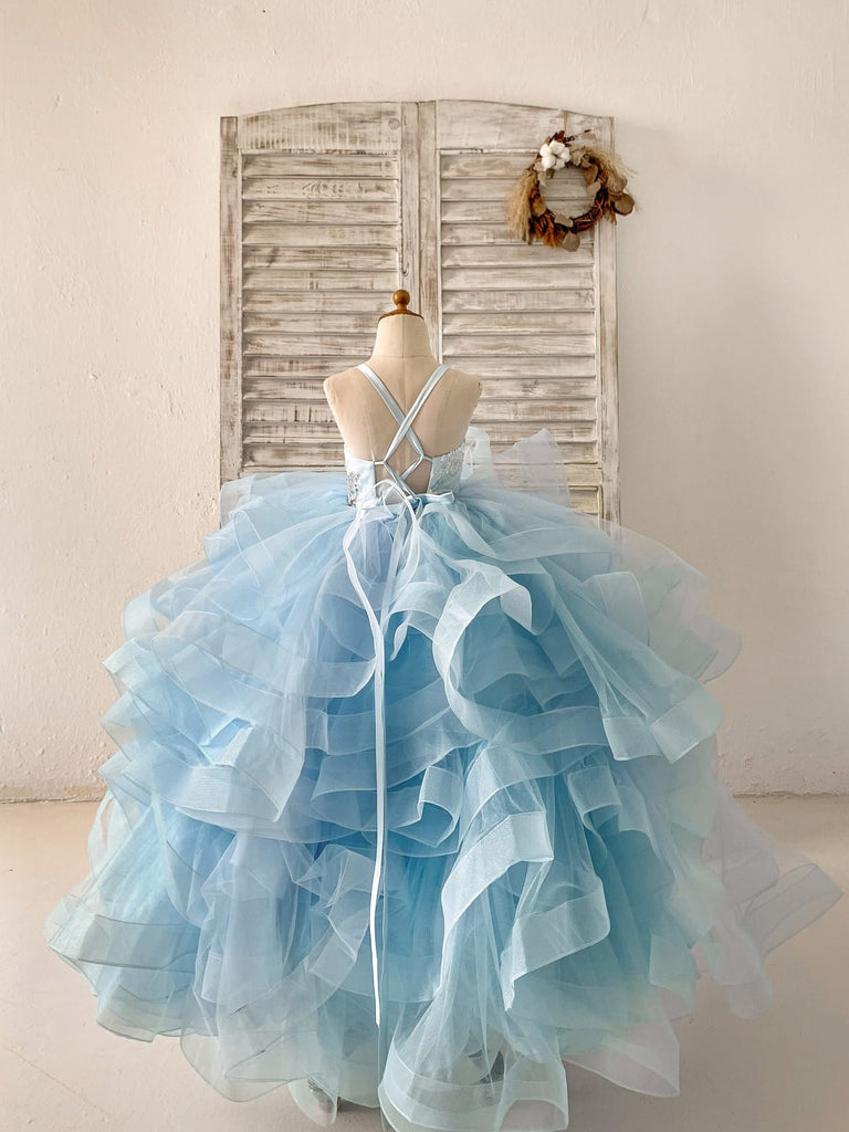 Beaded Butterfly Blue Ruffle Tulle Wedding Flower Girl Dress