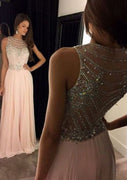Beaded Crystal Jewel Neck Sleeveless Long Chiffon A-line Prom Party Evening Dress