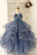Пыльно-синий цветочек из бисера в горошек, тюлевые ремни, свадебное платье с цветочным узором для девочек, детское праздничное платье