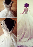 Beaded Flowers Lace Tulle Ball Gown Chapel Wedding Dress,