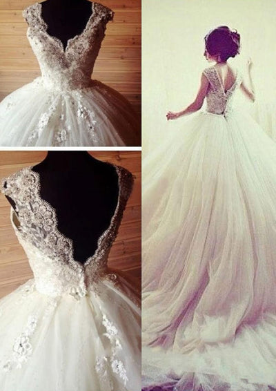 Beaded Flowers Lace Tulle Ball Gown Chapel Wedding Dress, - 