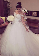 Beaded Flowers Off Shoulder Ball Gown Tulle Wedding Dress