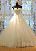 Beaded Princess Sweetheart Chapel Lace Tulle Strapless Wedding Dress