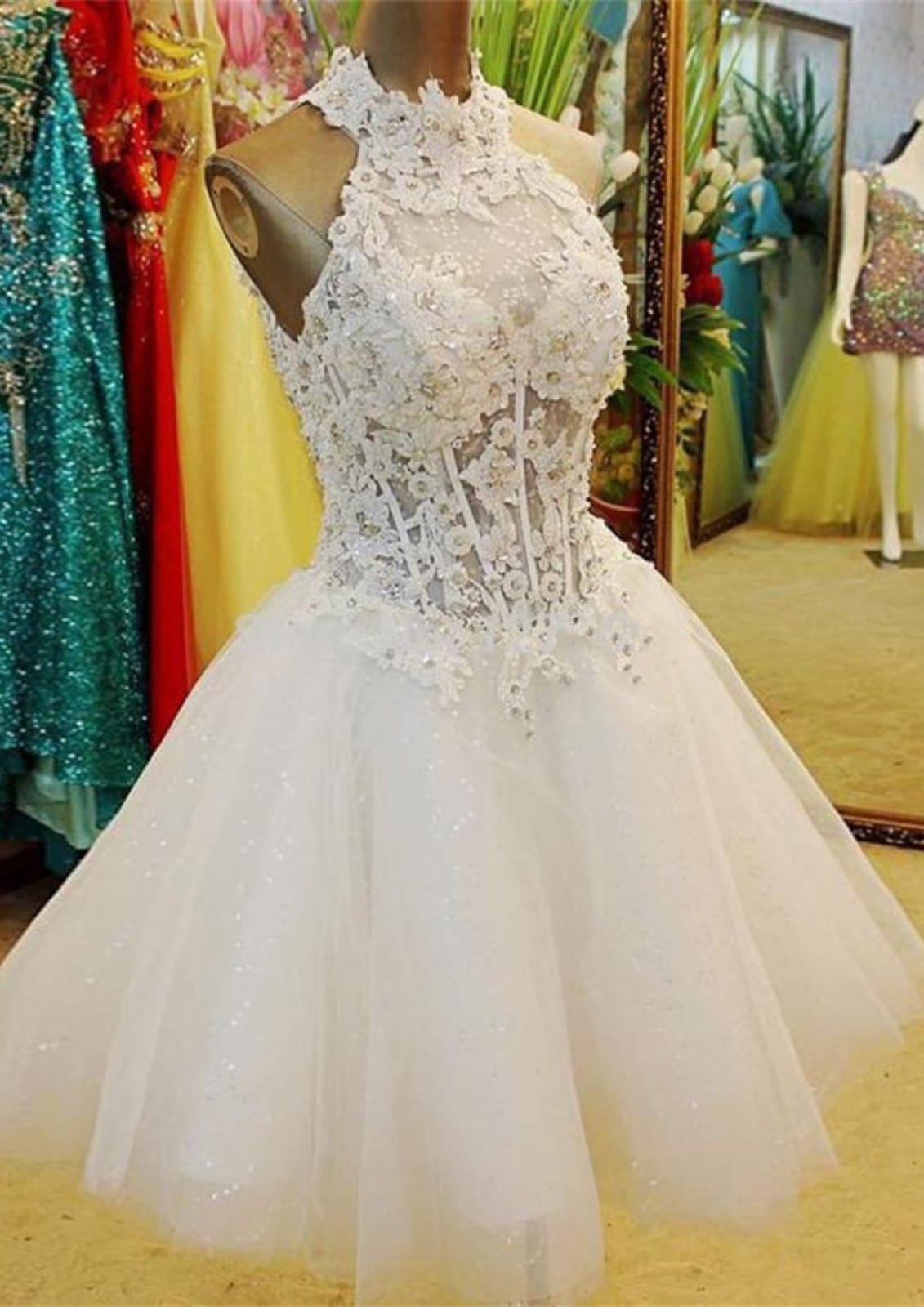 short lace halter wedding dress Halter Lace Sheath Wedding Dress JB42770