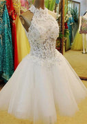 Beading Corset Halter Sleeveless Short Lace Tulle Wedding Dress