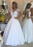 Beading Lace Ball Gown Short Sleeve Plunging Chiffon Wedding Dress