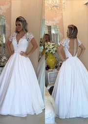 Beading Lace Ball Gown Short Sleeve V-Neck Chiffon Wedding 