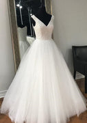 Beading A-line V Neck Sleeveless Floor Length Tulle Wedding Dress
