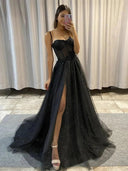 Black Glitter Illusion Corset Straps A-line Split Tulle Wedding Dress