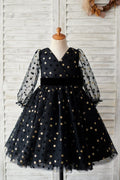 Черное золотое звездное тюль с V-образным вырезом на спине и длинными рукавами, свадебное платье для девочек-цветочниц