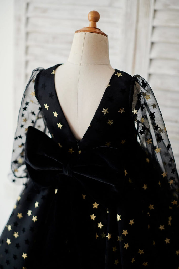 Black Gold Star Tulle V Back Long Sleeves Wedding Flower 
