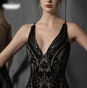 Black Goth Cross Back Lace Sequin Wedding Dress Detachable 