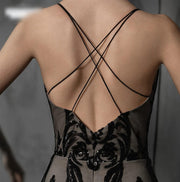 Black Goth Cross Back Lace Sequin Wedding Dress Detachable 