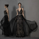 Black Goth Cross Back Lace Sequin Wedding Dress, Detachable Train 2 In 1