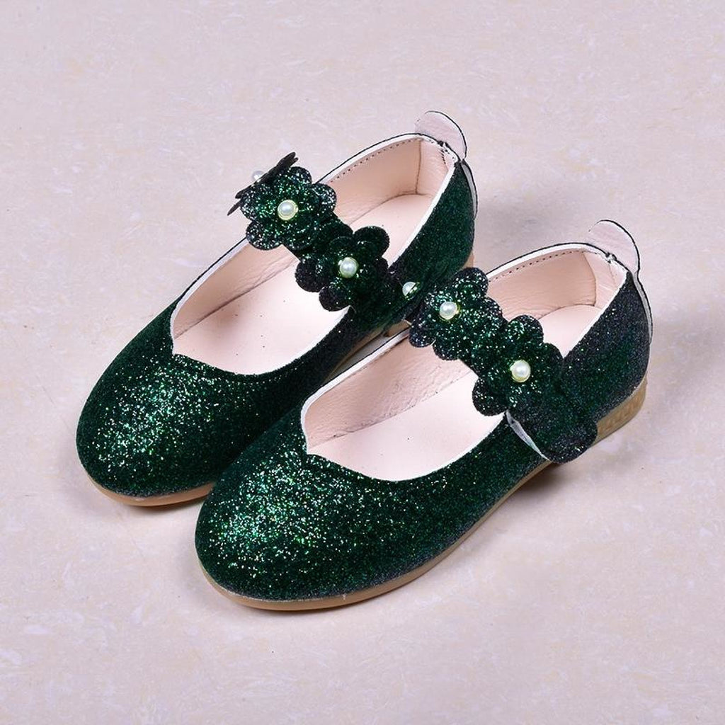 Black / Green / Lavender Leather Sequin Pearl Flat Princess 