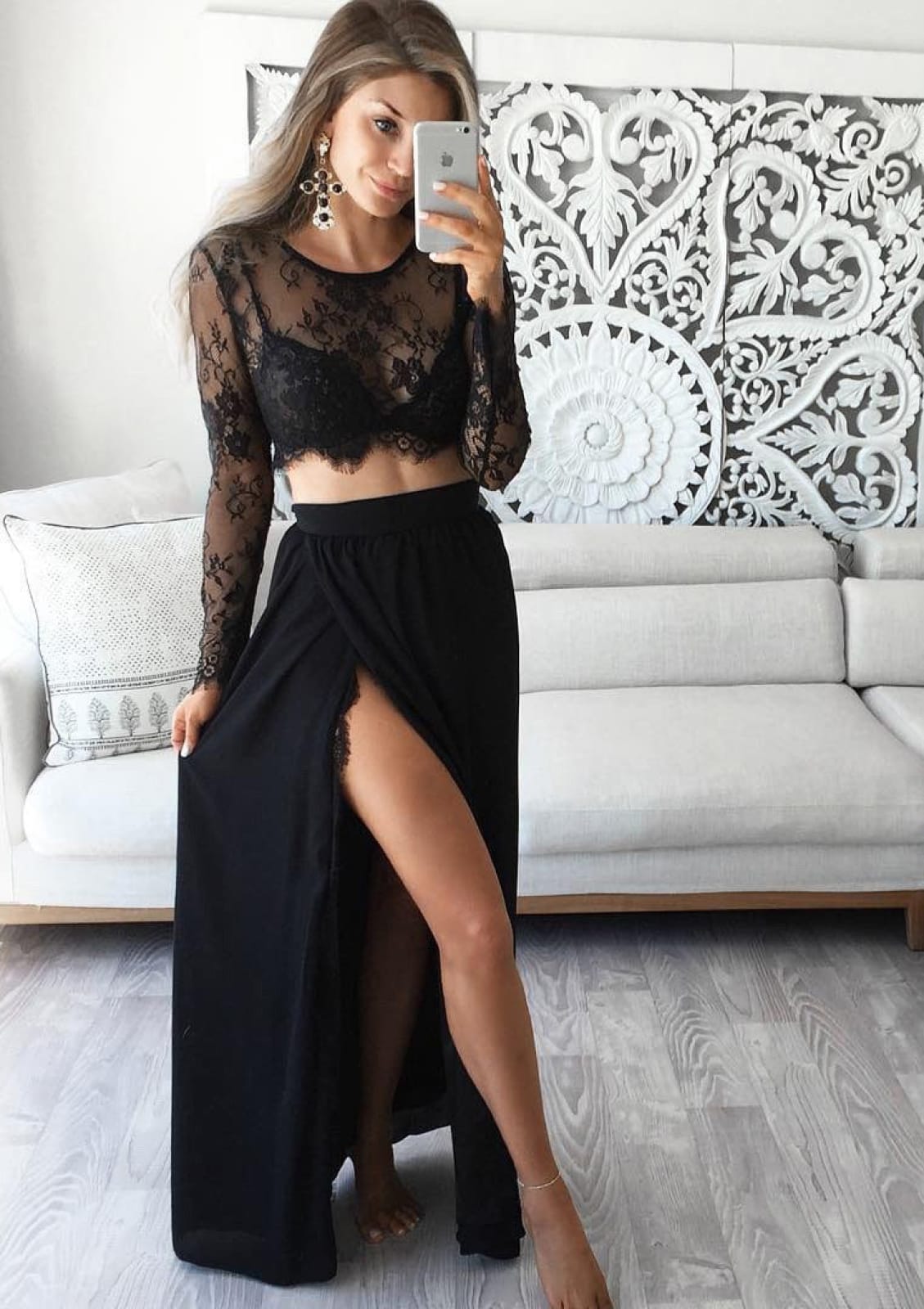 Black Illusion Lace Bra Ankle Length Wrap Slit Chiffon Skirt Two-piece -  Princessly
