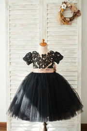 Black Lace Tulle Short Sleeves Wedding Flower Girl Dress 