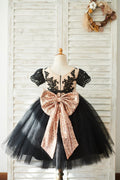 Vestido de niña de flores de boda de manga corta de tul de encaje negro, lazo de lentejuelas