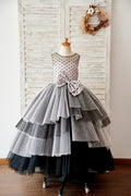 Черный горошек Тюль Корсет Назад Бальное платье Кекс Свадебное платье с цветочным узором для девочек