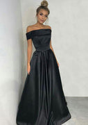 Черное атласное платье для выпускного вечера Трапеция/Принцесса С открытыми плечами Длинное/В пол