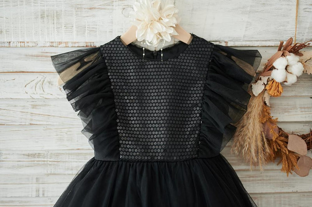 Black Sequin Tulle Ruffle Sleeves Wedding Flower Girl Dress