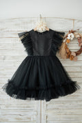 Черное свадебное платье из тюля с пайетками и рюшами для девочек