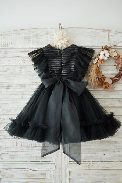 Black Sequin Tulle Ruffle Sleeves Wedding Flower Girl Dress