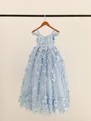 Blaue 3D Perlen Spitze Blume Tüll Schulterfrei Hochzeit Blumenmädchen Kleid
