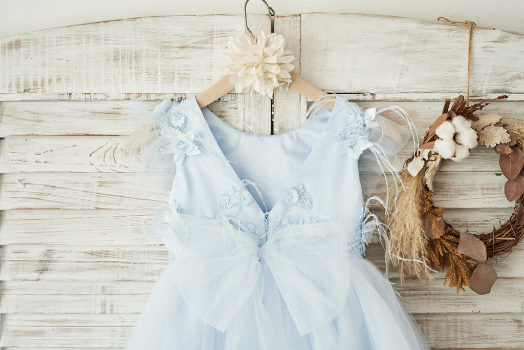 Blue Lace Tulle Cap Sleeves V Back Wedding Flower Girl Dress