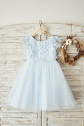 Blue Lace Tulle Cap Sleeves V Back Wedding Flower Girl Dress, Feathers