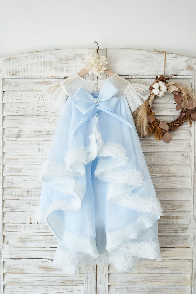 Blue Polka Dot Lace Tulle Cap Sleeves Wedding Flower Girl 