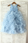Vestido de niña de las flores de princesa TUTU con falda de organza con volantes de satén azul