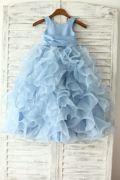 Blue Satin Ruffle Organza Skirt TUTU Princess Flower Girl 