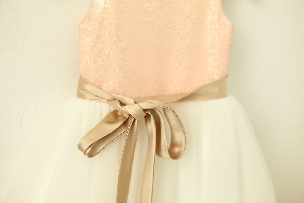 Blush Pink / Gold Sequin Ivory Tulle Flower Girl Dress with 