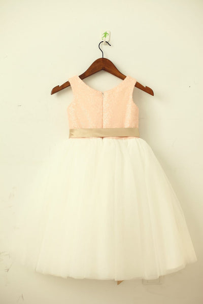 Blush Pink / Gold Sequin Ivory Tulle Flower Girl Dress with 