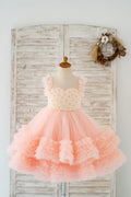 Blush Pink V Back Pearl Beaded Tulle Boda Vestido de niña de las flores Vestido de fiesta para niños