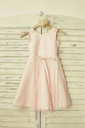 Румяно-розовое кружевное платье с V-образным вырезом на спине для девочек-цветочниц, пояс