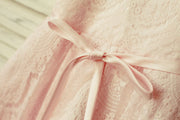Blush Pink Lace V Back Flower Girl Dress with Thin Sash