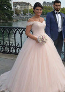 Blush Pink Tulle Ball Gown Off Shoulder Bridal Wedding Dress, Beaded