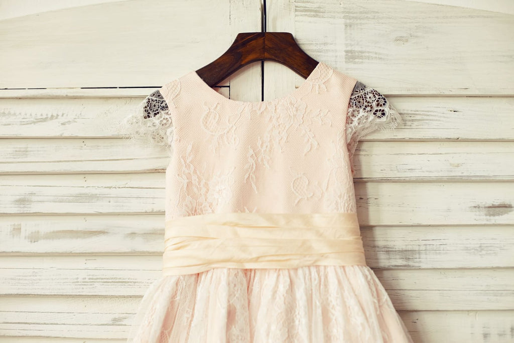 Blush Pink Satin Ivory Lace Cap Sleeves Flower Girl Dress 