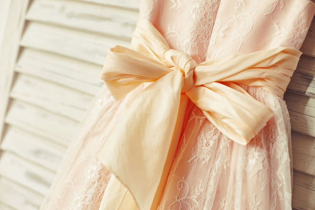 Blush Pink Satin Ivory Lace Cap Sleeves Flower Girl Dress 
