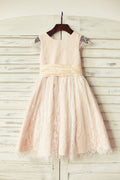 Blush Satin Ivory Lace Cap Sleeves Flower Girl Dress, Belt