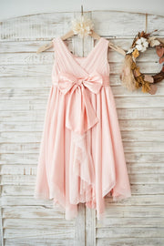 Blush Pink Tulle V Neck Wedding Flower Girl Dress with 
